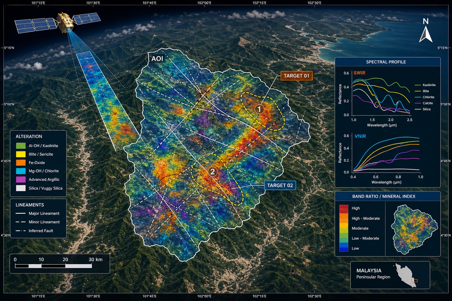 Satellite mineral exploration report showing an area of interest, alteration zones, structural lineaments, target areas and spectral profiles