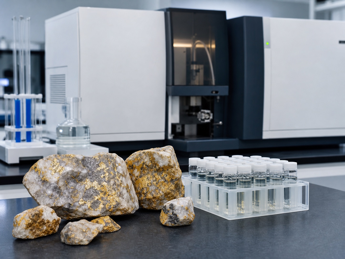Gold-bearing geological samples and prepared solutions beside an atomic absorption instrument
